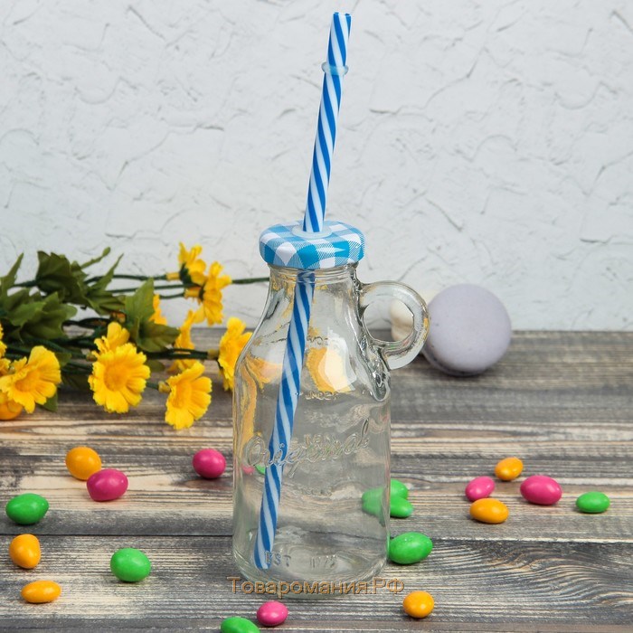 Бутыль стеклянная с крышкой и трубочкой, 200 мл, 7,5×6×14,5 см, цвет МИКС