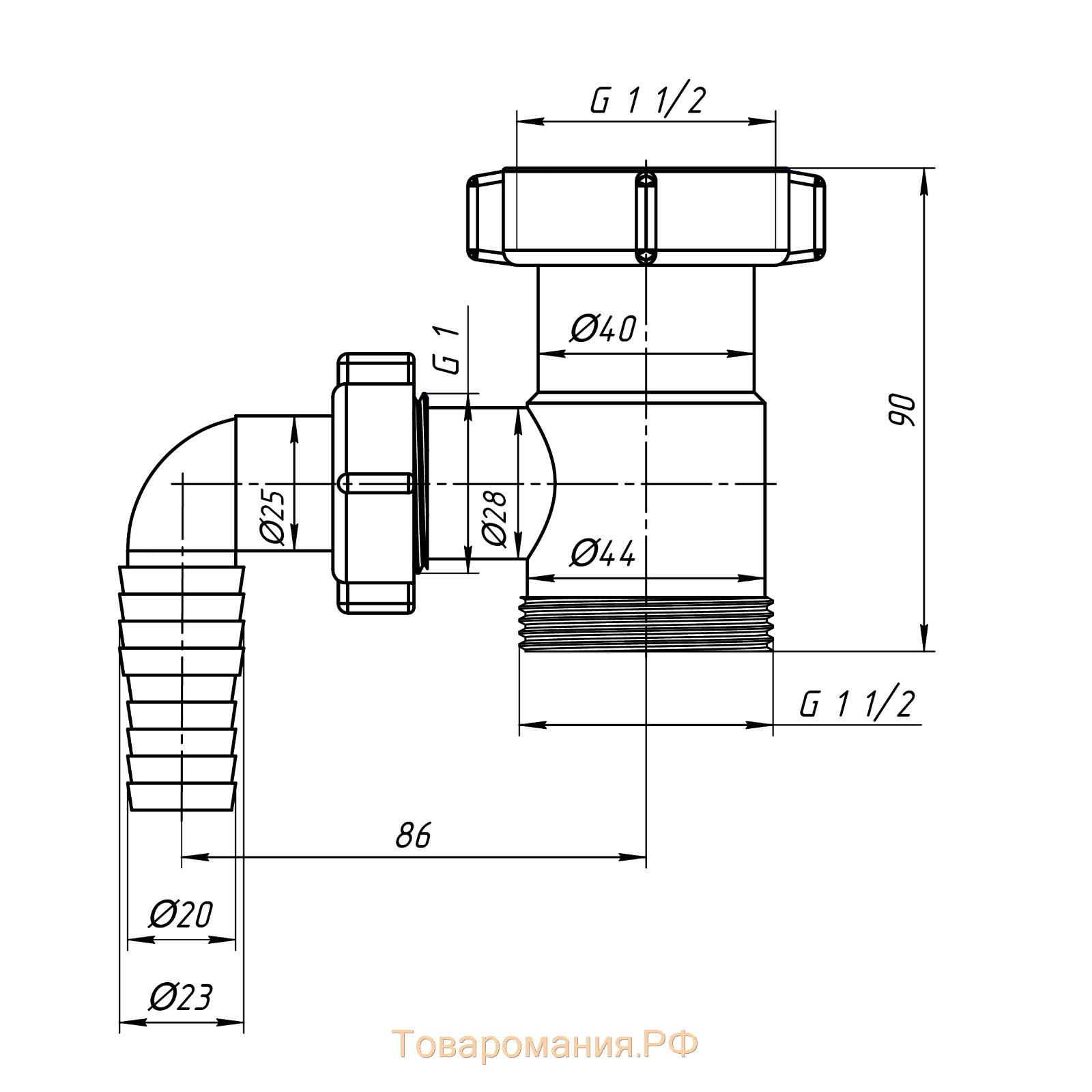 Отвод стиральной машины "АНИ Пласт" M110, 1 1/2" х 1 1/2"