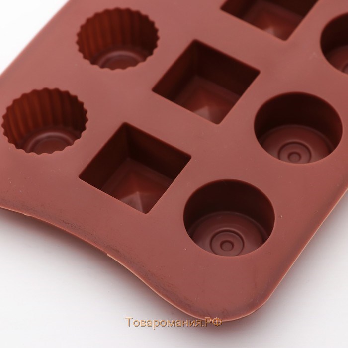 Форма для шоколада «Кружочки, квадратики», силикон, 21,5×10,4×1,5 см, 15 ячеек, цвет коричневый