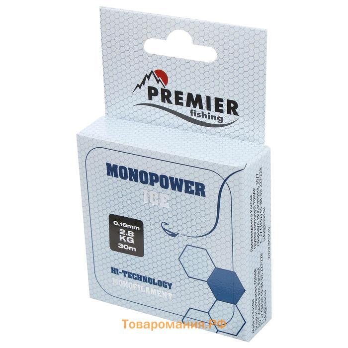 Леска PREMIER fishing MONOPOWER ICE, диаметр 0.16 мм, тест 2.8 кг, 30 м, нейлон, прозрачная