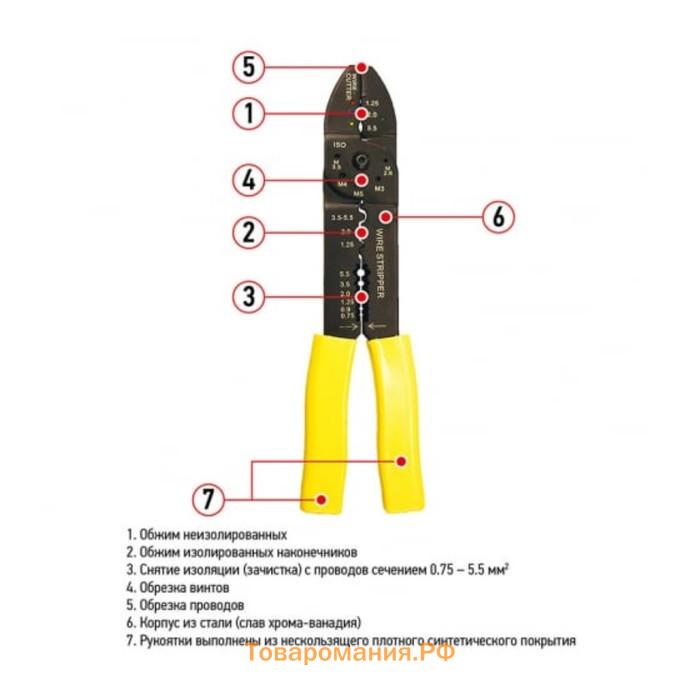 Стриппер REXANT HT-204, для обжима наконечников и зачистки проводов, 0.75-5.5 мм²