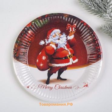 Тарелка новогодняя бумажная «Дед Мороз с подарками», набор 6 шт.