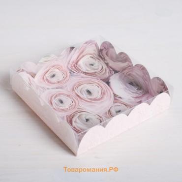 Коробка для печенья, кондитерская упаковка с пластиковой крышкой, «Цветы», 13 х 13 х 3 см