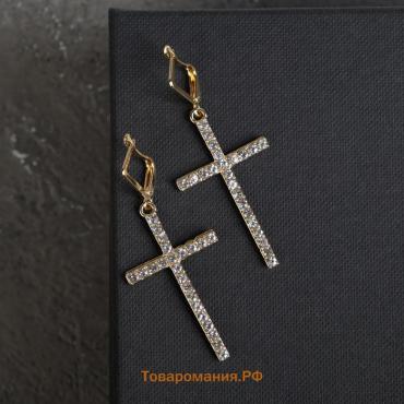 Серьги со стразами «Крестики» на квадрате удлинённые, белые в золоте